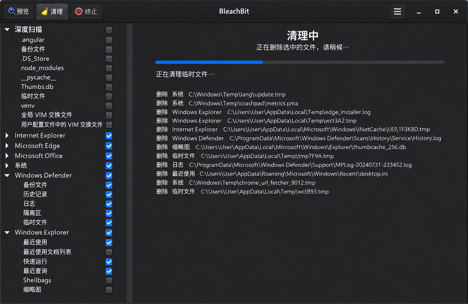 BleachBit 正在清理的界面演示图